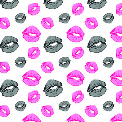 Pink and black female lips pattern on the white background.