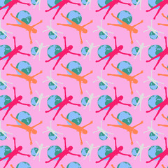 The pattern of the children and earth on the pink background.