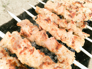 Shish kebab on metal sticks roasted on the grill