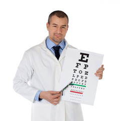 Young doctor holding glasses and eye chart. Isolated on white background.