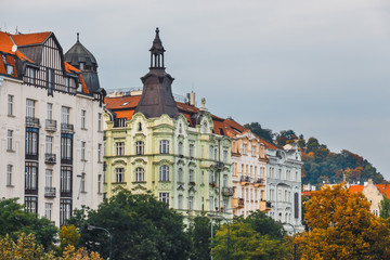 View of historical center of Prague with beautiful historical tenements