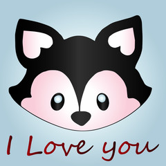 Greeting card with a cute raccoon on the day of the holy valentine. Cartoon sketch of a raccoon dog, close-up on a blue gradient background