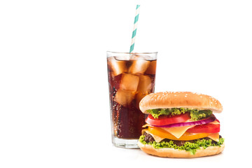 fastfood snack with burger and cola glass