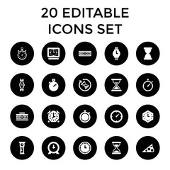 Clock icons. set of 20 editable filled clock icons