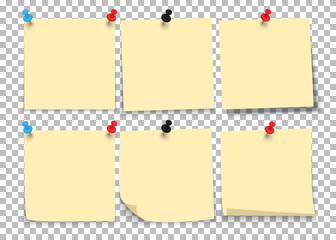 Set of sheets of notes paper with push pins on a transparent background. Vector illustration