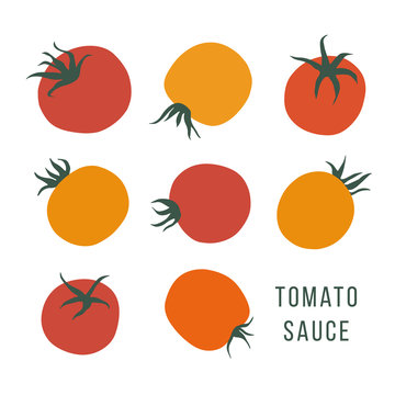 Set of hand drawn tomatoes on the white background. Stylized food illustration
