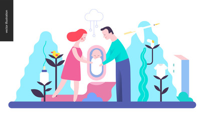 Reproduction - a family with a baby among trees and plants with infant elements, without background