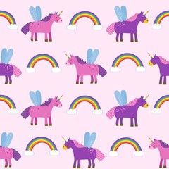 Seamless pattern, background with unicorns and rainbows, a child's drawing. You can use for paper, textiles, packaging