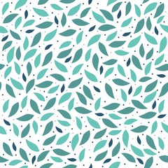 Floral pattern. Green leaves scattered on a white background, seamless background, texture, vector illustration