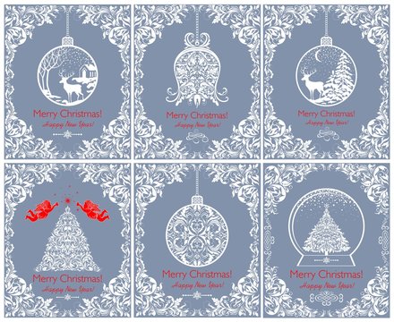 Beautiful vintage Christmas pastel blue greeting cards with cut out floral xmas tree, bell, ball, angels, deer and decorative vignette