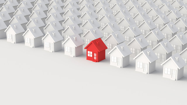 Red house among white houses. Hunting and searching concept. 3D Rendering
