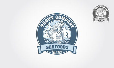 Seafood logo with salmon in emblem style. Vector vintage fish for your logo design. It's good for trout farm, fishing club, or seafood restaurant. 