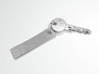Metal key with gray blank tag. 3d rendering
