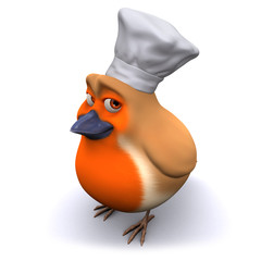 3d Cartoon robin bird wears a chefs hat for cooking