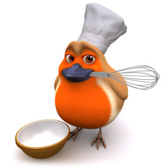 3d Cartoon robin bird in chefs hat holding a whisk
