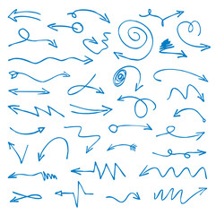 Set of blue drawing Arrows. Vector Illustration.