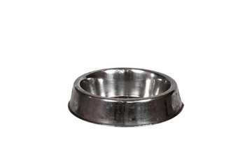 Metal feeding bowl isolated on white background with clipping path. Iron dog bowl on white pattern.