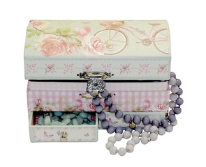 wooden box with fashion beads on white background.
