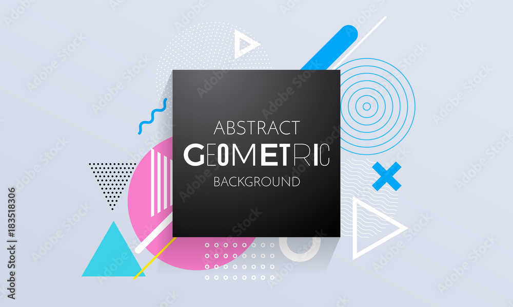 Poster Abstract geometric background of square, circle and triangle color elements for modern trendy design template. Vector geometry pattern backdrop of graphic texture background for poster or banner