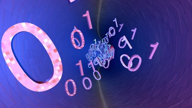 3D rendered animation of bits and bytes flowing through a data cable or tunnel.
