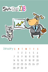 Calendar 2018 with cute funny dog and sad cat