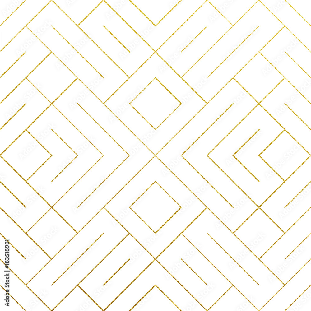 Aufkleber Abstract geometric golden seamless pattern background with gold glitter lines texture. Vector ornate geometry pattern of rhombus and metal golden lines for luxury ornate white backdrop design template
