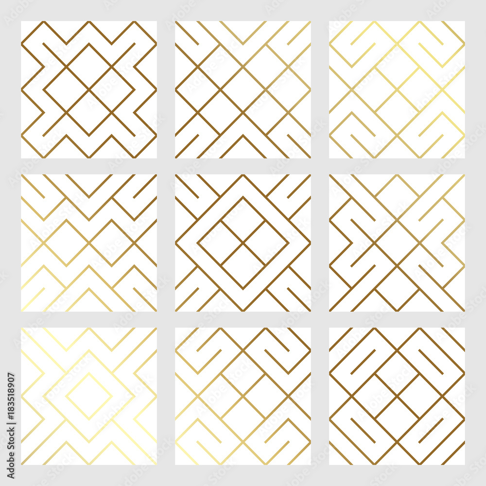 Poster Golden abstract geometric seamless pattern tile background with gold glittering mesh texture. Vector pattern of rhombus and metal line nodes for luxury golden geometry backdrop white design template