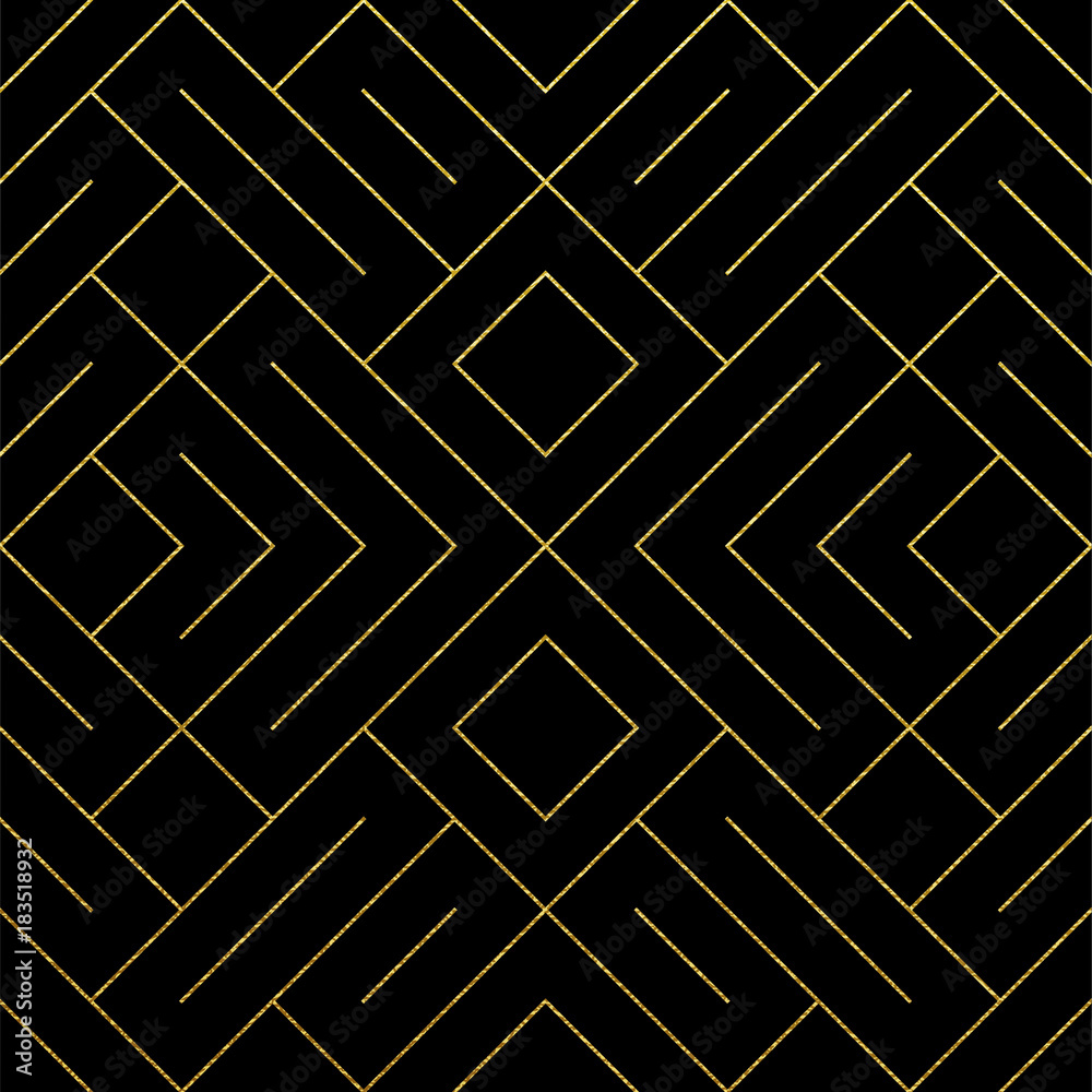 Poster Golden abstract geometric seamless pattern tile background with gold glittering mesh texture. Vector pattern of rhombus and metal line nodes for luxury golden geometry backdrop black design template