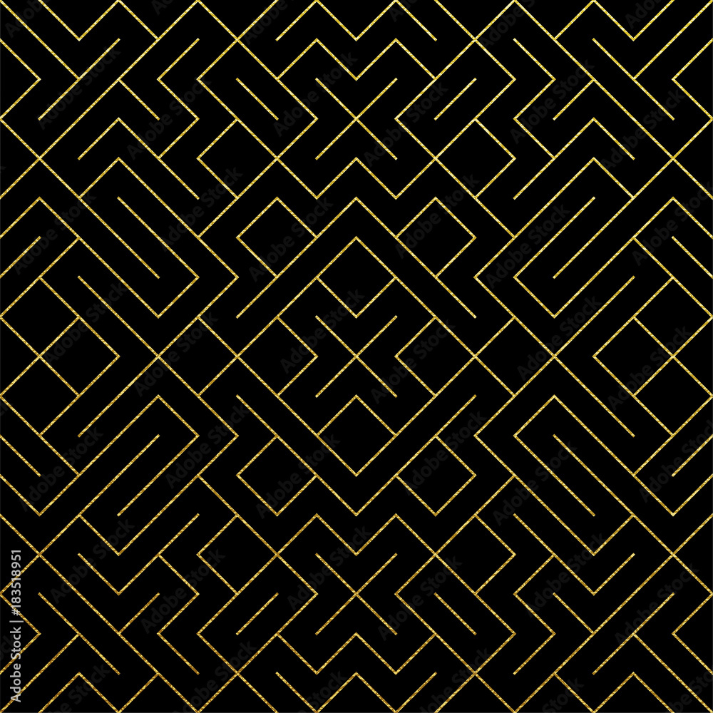 Poster Golden abstract geometric pattern tile background with gold glittering mesh texture. Vector seamless pattern of rhombus and metal line nodes for luxury golden geometry backdrop black design template