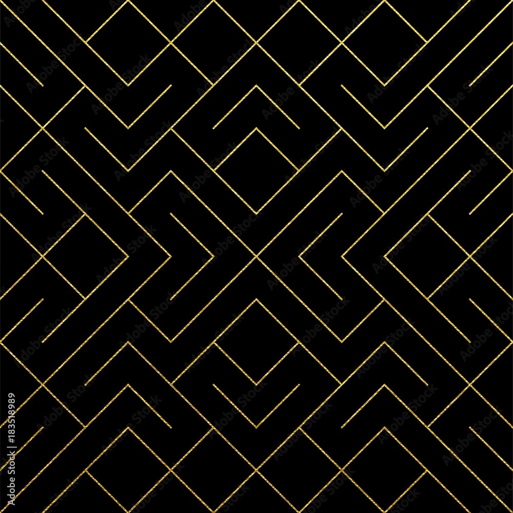 Aufkleber Golden abstract geometric pattern background with gold glitter texture. Vector seamless pattern or rhombus and metal line nodes mesh for luxury golden ornate backdrop black design template