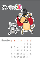 Calendar 2018 with cute funny dog and sad cat