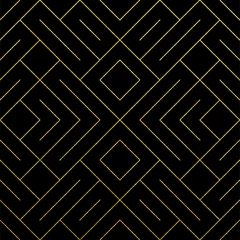 Behang Gouden abstracte geometrische naadloze patroon tegel achtergrond met gouden glinsterende mesh textuur. Vector patroon van ruit en metalen lijn knooppunten voor luxe gouden geometrie achtergrond zwarte ontwerpsjabloon © Ron Dale