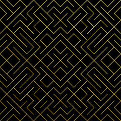 Golden abstract geometric pattern tile background with gold glittering mesh texture. Vector seamless pattern of rhombus and metal line nodes for luxury golden geometry backdrop black design template