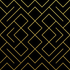 Golden geometric pattern background with abstract gold glitter mesh texture. Vector seamless ornate geometry pattern of rhombus and metal line nodes for luxury golden ornate black backdrop design