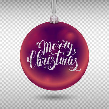 Xmas decoration, purple glass ball with silver inscription Merry Christmas on transparent background.