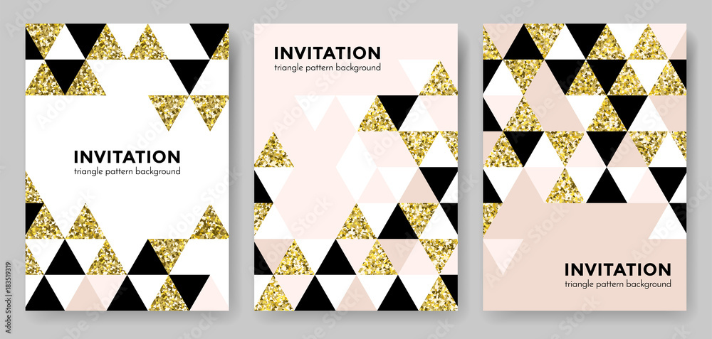 Poster Abstract geometric gold pattern background for invitation card design template of square and triangle modern trendy golden elements. Vector geometry backdrop or gold glitter texture poster background