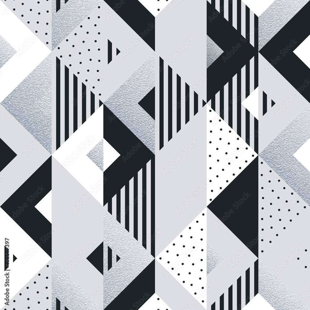 Poster Abstract geometric silver pattern background of square and triangle elements for modern trendy design template. Vector geometry backdrop or silver glitter texture white and black background