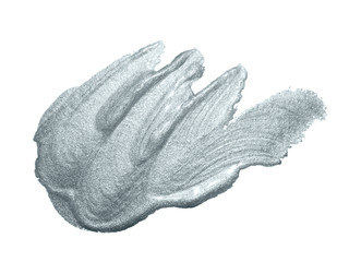 Silver paint brush stroke or abstract dab smear with silver glitter texture on white background. Isolated glittering oil or ink paintbrush splash stain for luxury design