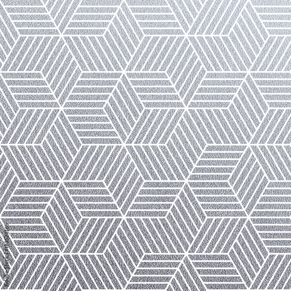 Poster geometric silver 3d cubes seamless pattern with glitter texture of abstract line mesh on white backg