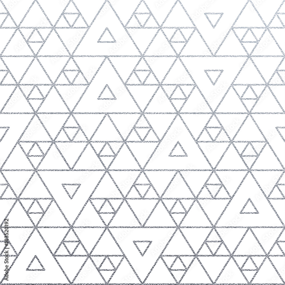 Poster Abstract geometric silver texture trinagle pattern background of glittering tangled ornament and seamless tile for modern design template. Vector geometry backdrop silver glitter on white background