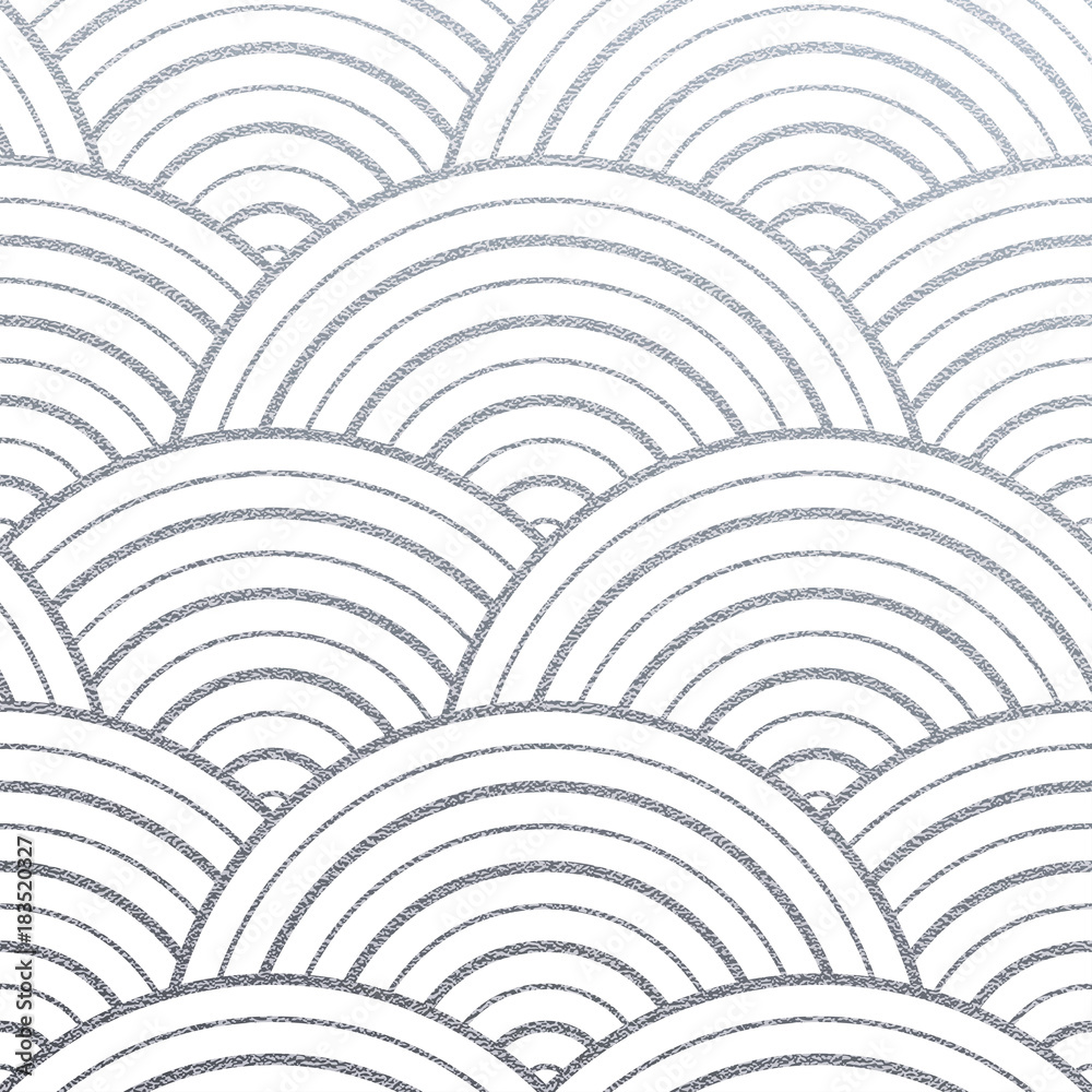 Poster Geometric silver circle lines pattern with glitter texture of abstract round waves on white background. Vector silver glittering ornament for seamless tile or modern backdrop swatch design template