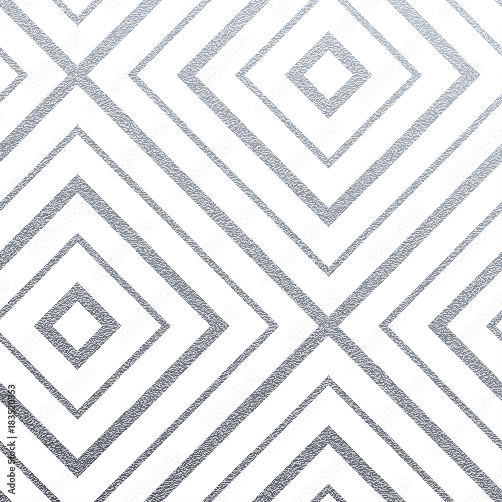 Poster Abstract geometric silver seamless pattern with glitter texture on white background. Vector silver glittering square ornament for seamless tile or modern backdrop fabric swatch design template