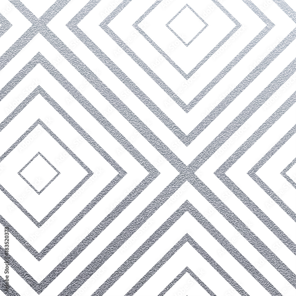 Poster Geometric silver seamless pattern with glitter texture of abstract squares on white background. Vector silver glittering ornament for seamless tile or modern backdrop fabric swatch design template