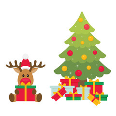 cartoon christmas deer with gift and fir tree