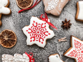 Christmas table. Becoration for Christmas and New Year. Homemade cookies with icing. Ginger cookies