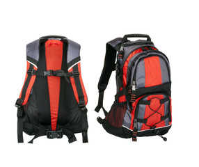 Red backpack isolated on white background.