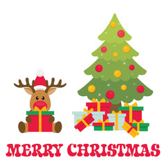 Naklejka premium cartoon christmas deer with gift and fir tree and text
