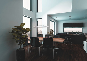 Modern living room interior with gallery balcony