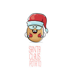 vector funky comic cartoon cute brown smiling santa claus potato with red santa hat isolated on white background. vegetable funky christmas character