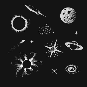 Vector illustration with space objects. Hand drawn style.Collection set.Prints design